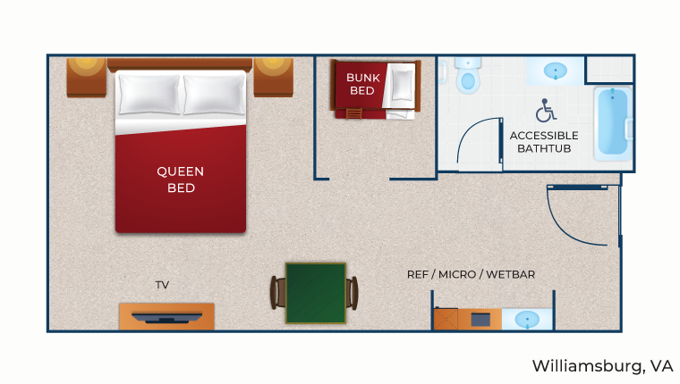 The floor plan for the accessible Wolf Den Suite (Accessible bathtub)